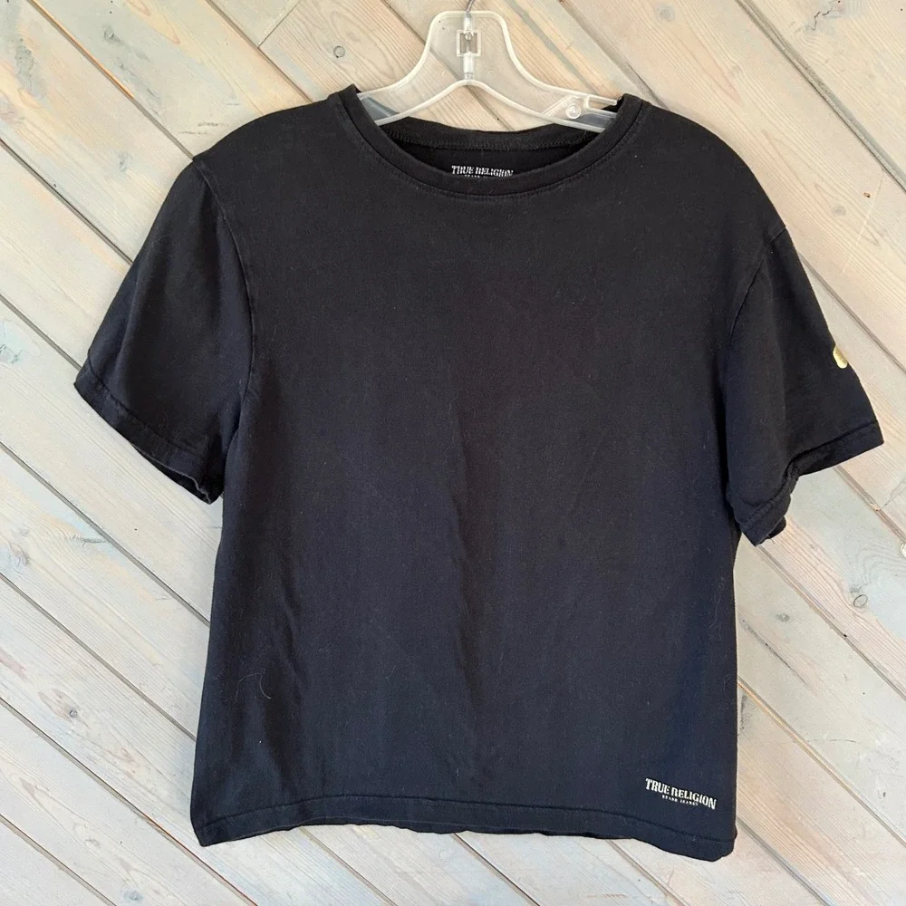 True Religion Mens Black Cotton T-Shirt Gold‎ Horseshoe Logo Size Medium
